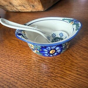 Polish Pottery Hand-Painted Floral Ceramic Bowl with Spoon